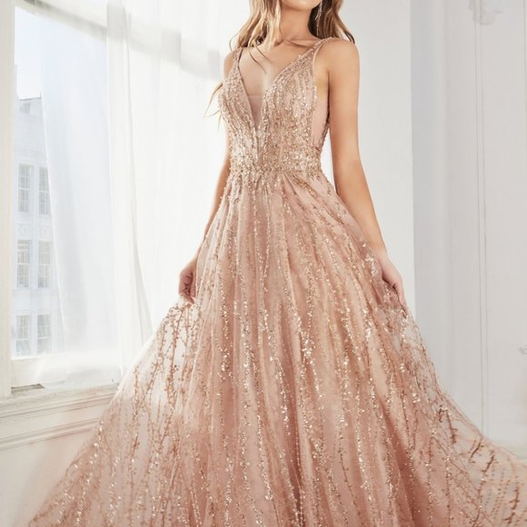 ROSE GOLDPROM PARTY EVENING LONG A-LINE MAXI GLITTER LACE BALL GOWN CDc32